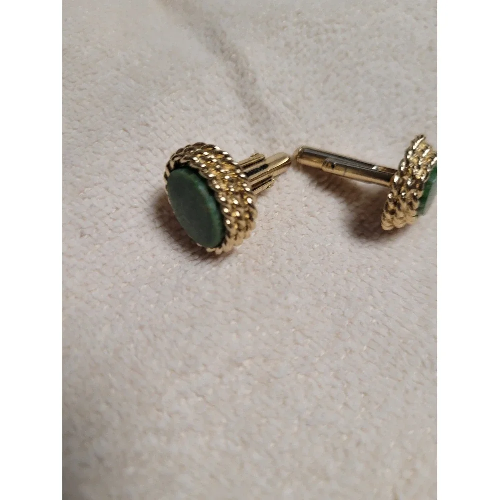 Vintage Gold Tone Green Stone Oval Cufflinks Textured‎ Rope Border Mens Jewelry